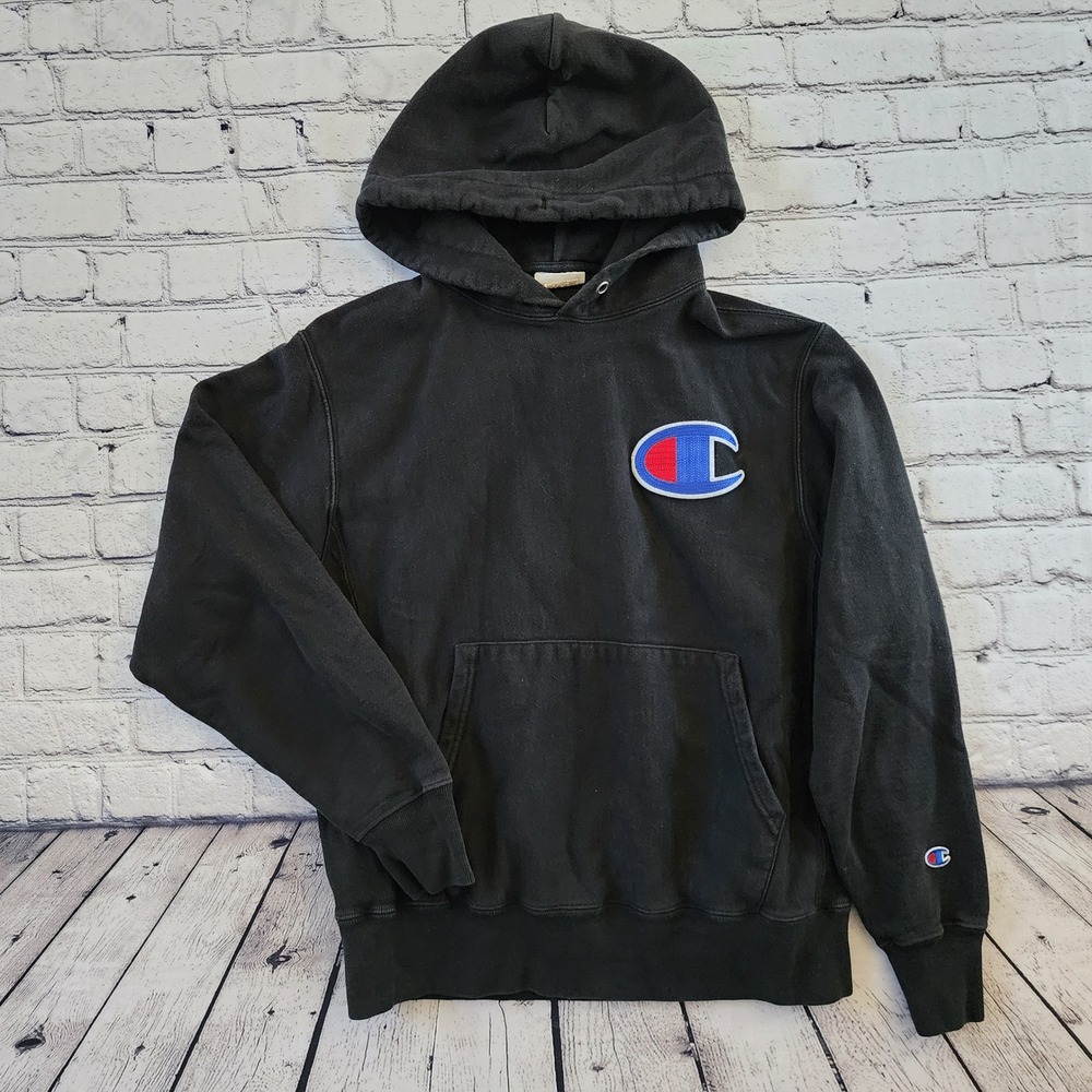 Champion Reverse Weave Hoodie Mens Medium Black Big C Patch Sweatshirt GF68